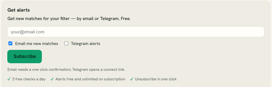 Paziņojumu pieteikšanās forma ar Telegram izvēli